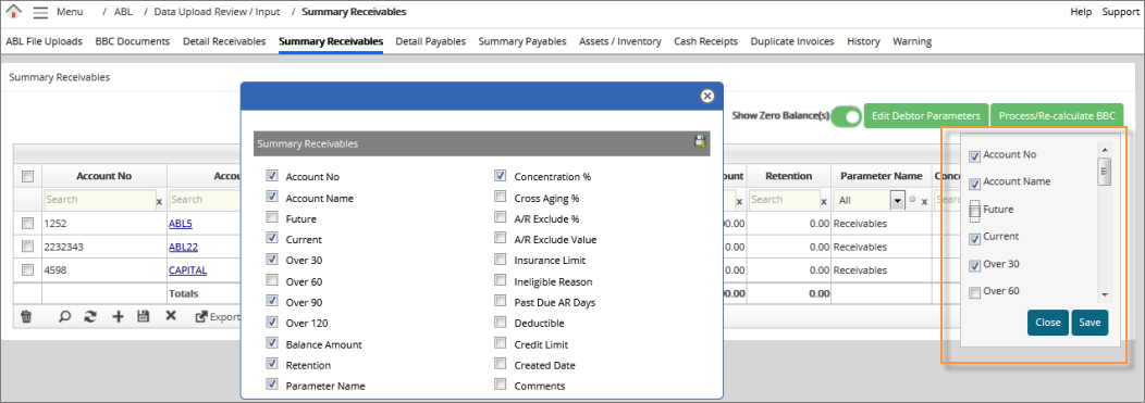 Export Summary Receivables Data popup